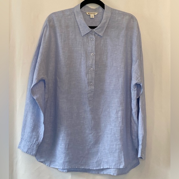 SPANNER Tops - SPANNER 100% Linen Blue Coastal Grandma Popover  Longer Length Collared Shirt LG